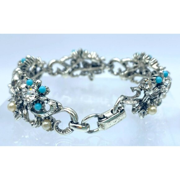 Vintage Star Jewelry Marked Bracelet Faux Pearl Turquoise Rhinestone 7 1/4" long - Picture 3 of 6